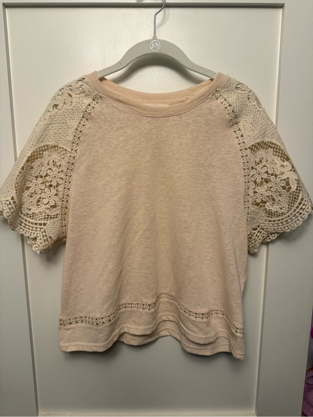 Anthropologie Cream Crochet-Sleeve Short Sleeve Tee